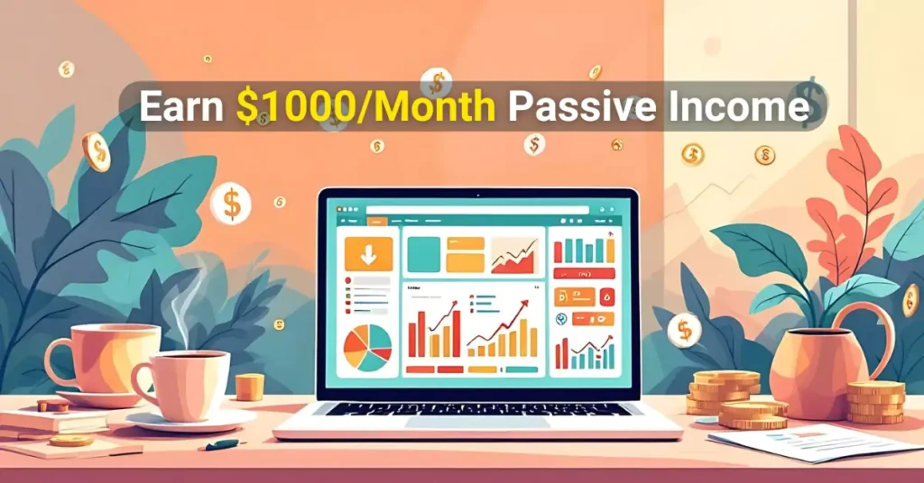 Workspace with a tablet showing a colorful digital planner with text Earn $1000Month Passive Income