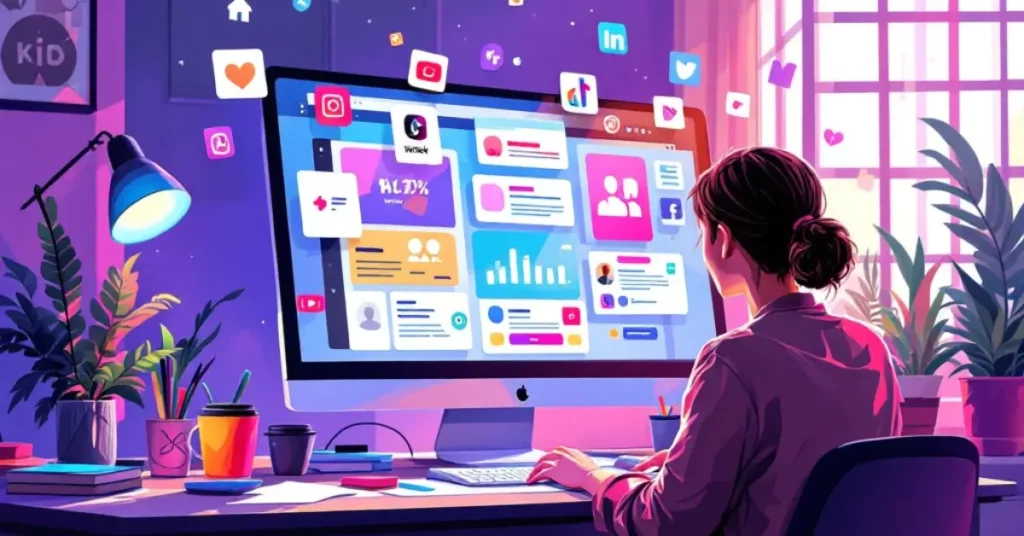 A person managing multiple social media platforms on a computer screen, with icons for Instagram, TikTok, and Facebook.