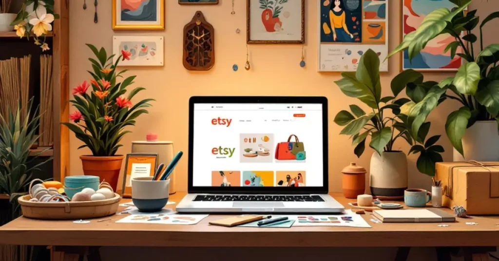 Creative workspace with handmade crafts and a laptop displaying an Etsy shop, symbolizing selling crafts online.