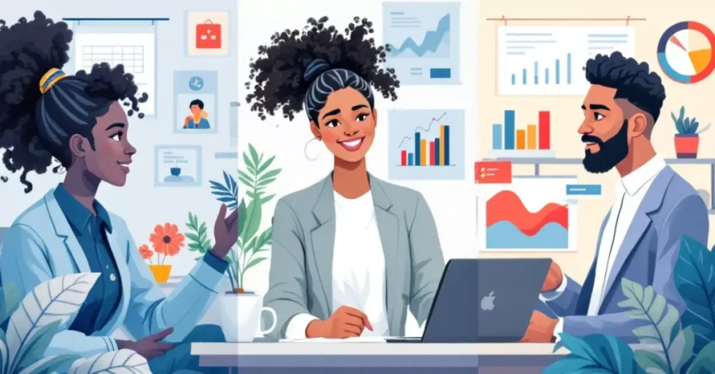 Diverse professionals teaching and consulting online, including a teacher on a video call, a consultant analyzing data, and an expert giving advice.