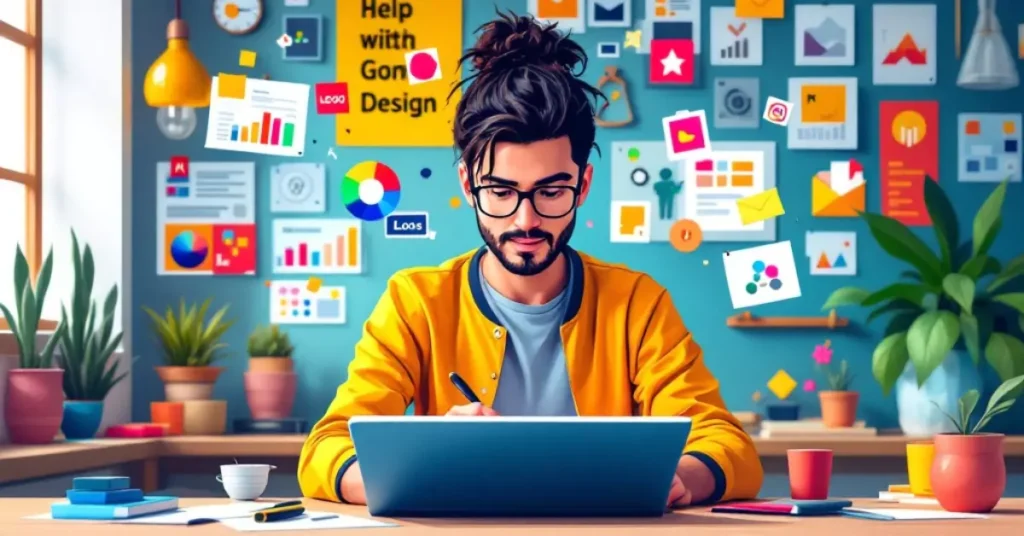 Graphic designer creating colorful designs on a digital tablet with floating design tools and a creative studio in the background.