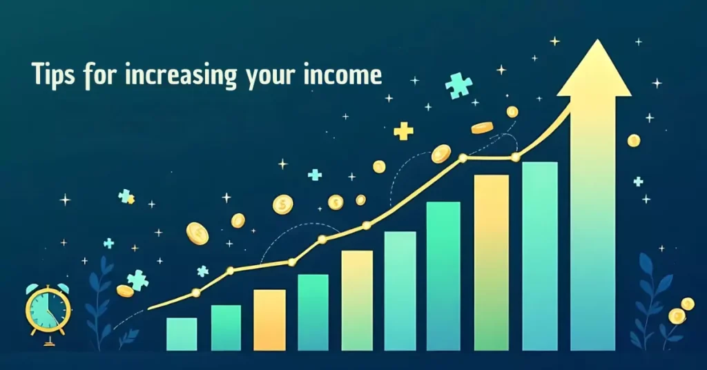 Growth chart with upward arrows and icons for time management, multiple income streams, and scaling earnings.