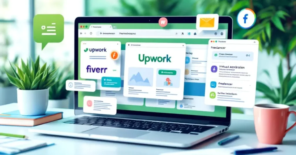 Laptop screen showing tabs for Upwork, Fiverr, and Freelancer.com, with project listings and a professional workspace setup.