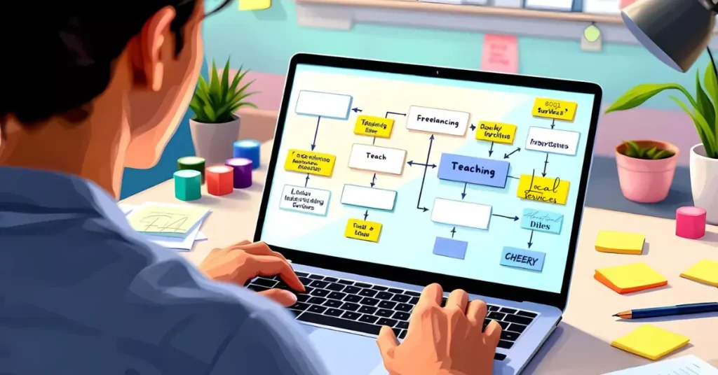 Person analyzing a decision-making flowchart on a laptop screen, with options like freelancing, teaching, and local services highlighted.