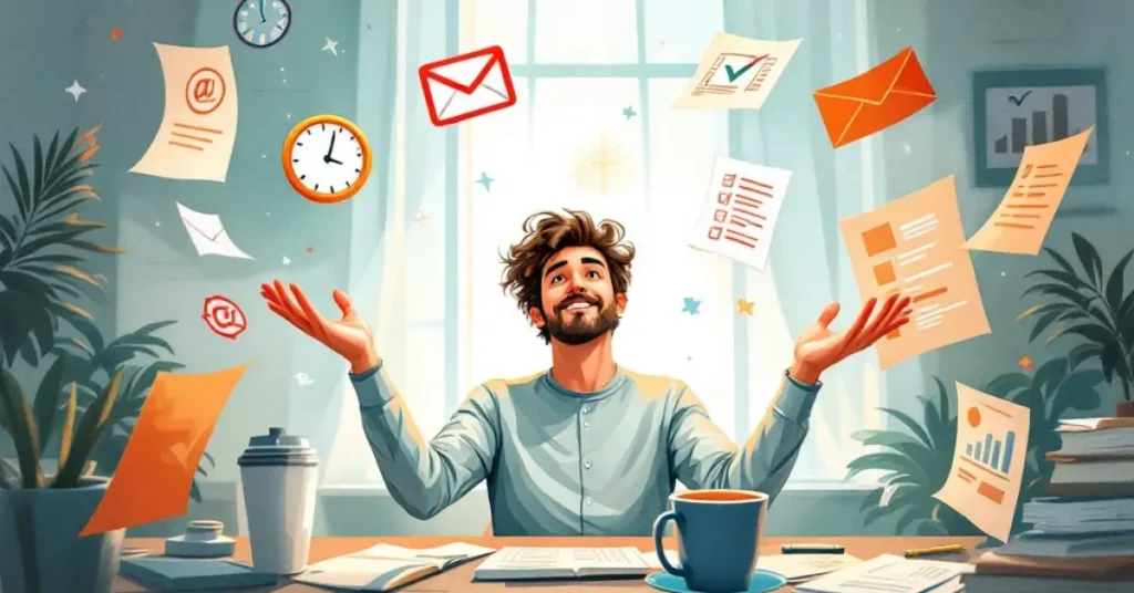 Person juggling floating icons of a clock, checklist, and emails, symbolizing time management and overcoming work challenges.