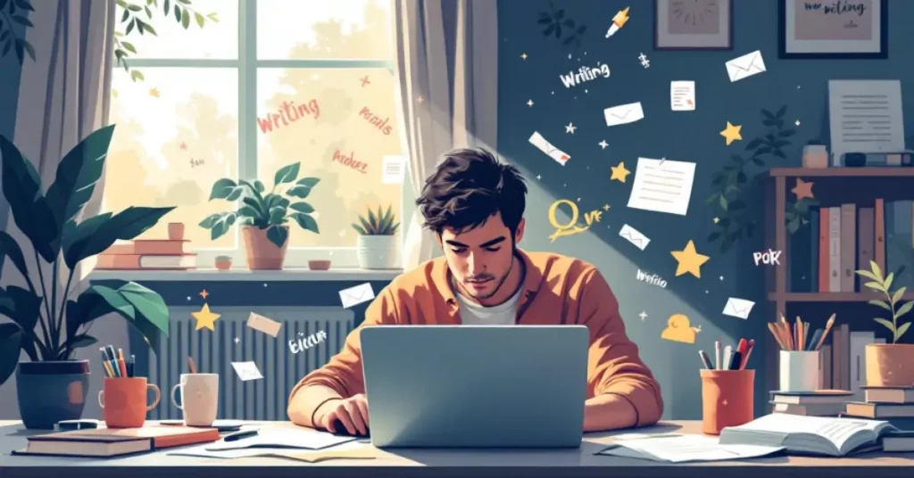 Person typing on a laptop with floating writing icons and a creative home office setup emphasizing freelance writing.