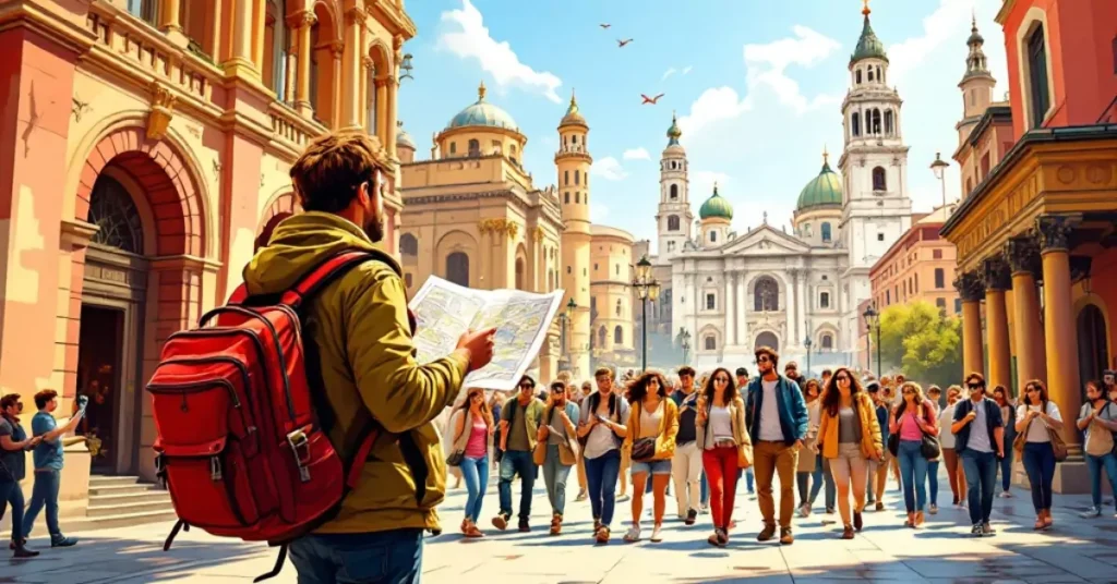 Tour guide leading a small group through a vibrant cityscape with landmarks, a map, and participants taking photos.