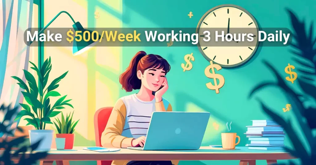 Young professional working at a minimal desk with a laptop, clock showing 3 hours, and dollar signs subtly in the background.