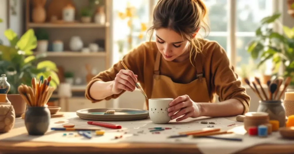 Craftsperson painting ceramic mug in home workshop