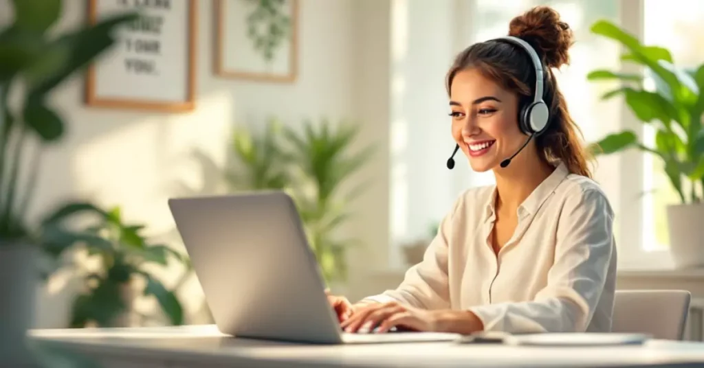 Customer service representative working remotely from home office.